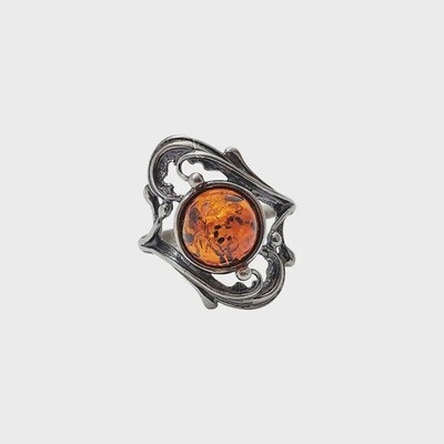 Cognac Amber Round Fancy Sterling Silver Ring