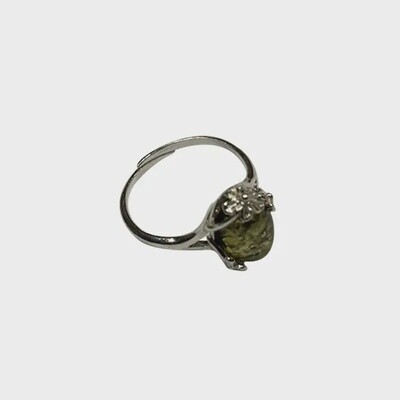 Green Amber Sterling Silver Flower Adjustable Ring