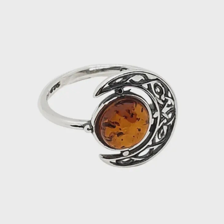 Cognac Amber Sterling Silver Moon Ring