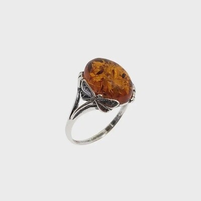 Cognac Amber Sterling Silver Dragonfly Ring