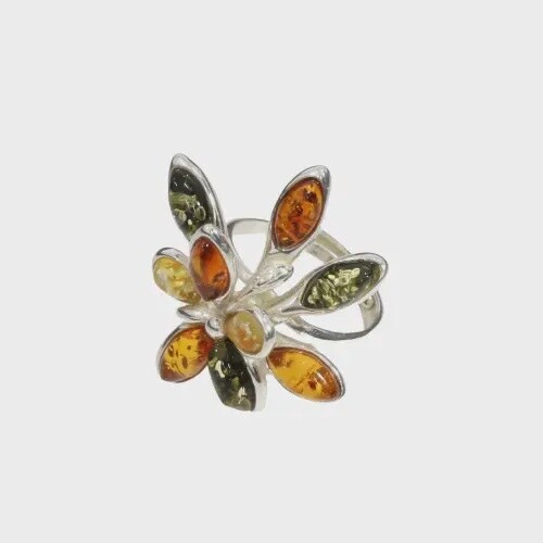 Multi-Color Amber Flower-Shape Adjustable Ring