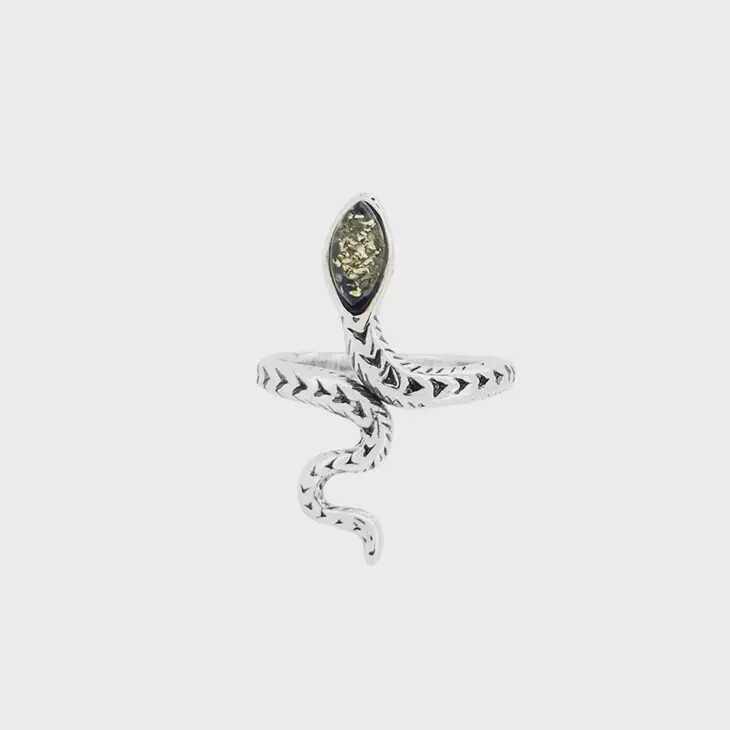 Green Amber Sterling Silver Snake Adjustable Ring