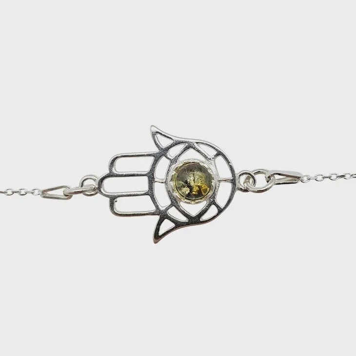 Green Amber Sterling Silver Hamsa Necklace