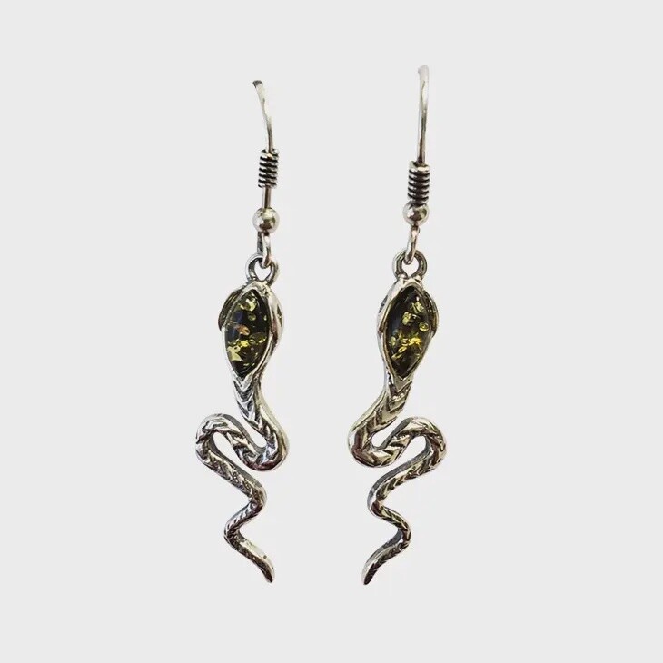Green Amber and Sterling Snake Dangle Earrings