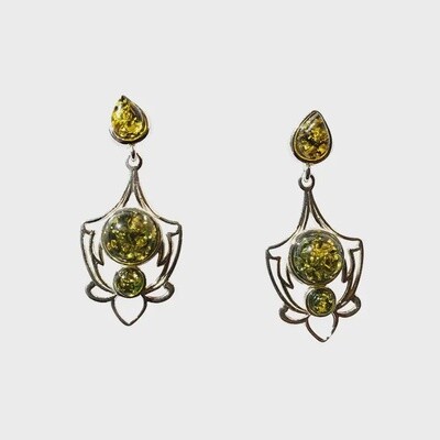 Green Amber Lotus Post Dangle Earrings
