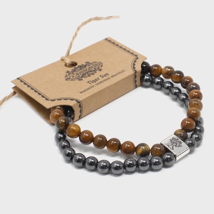 6mm Tiger&#39;s Eye and Magnetic Gemstone Bead Bracelet