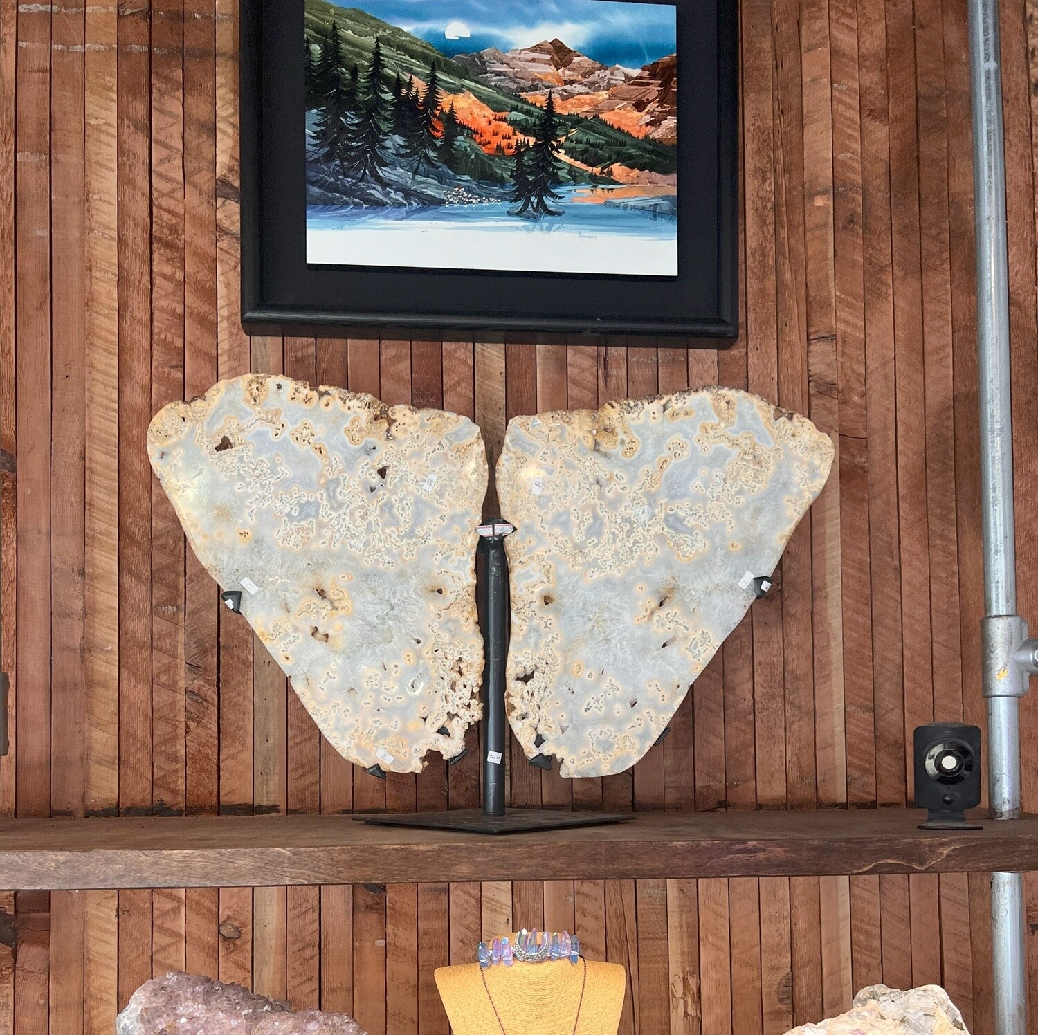 Moss agate Wings on stand