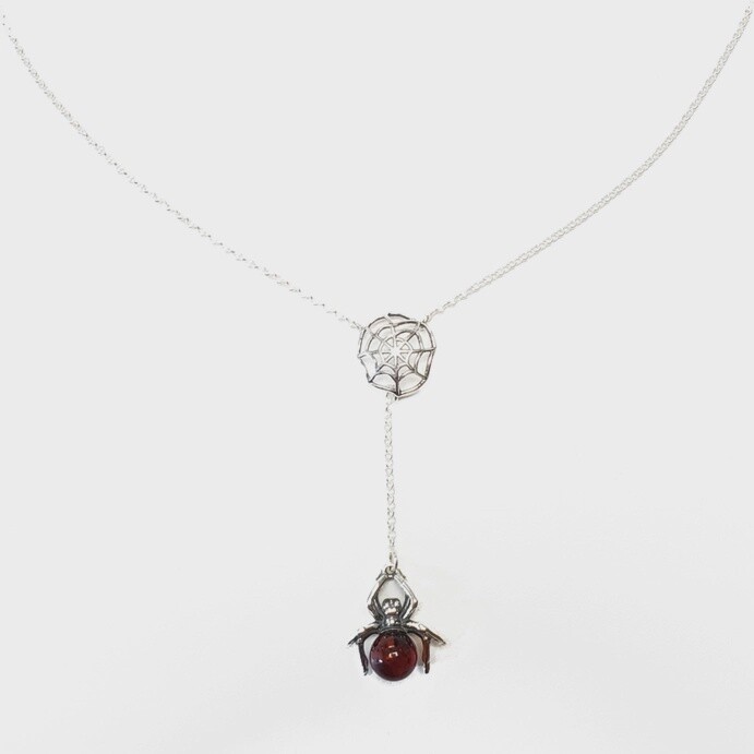 Spider on a Spider Web Necklace Cherry Amber