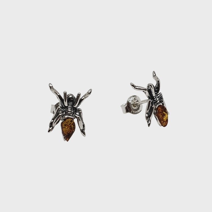 Cognac Amber Sterling Silver Spider Stud Earrings