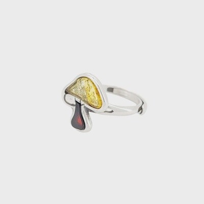 Mushroom Multi Color Amber Silver Adjustable Ring