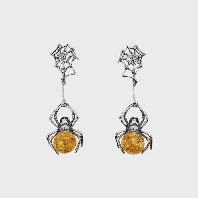 Spider On Web Citrine Amber Silver Post Dangle Earrings