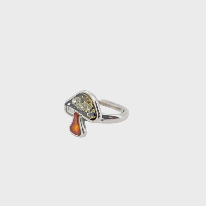 Mushroom Multicolor Amber Silver Adjustable Ring