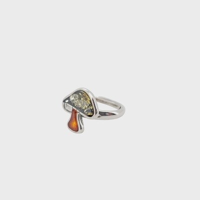 Mushroom Multicolor Amber Silver Adjustable Ring