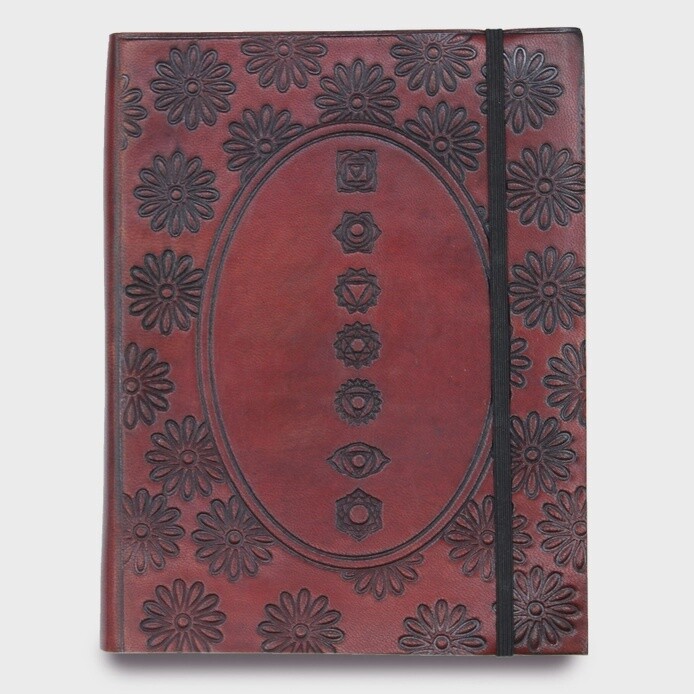 Medium Size Vegetable-Tanned Leather Notebook (~6x8in), Style: Chakra Mandala