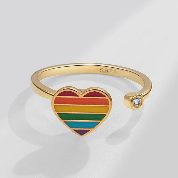 Rainbow Heart Fidget Spinner Ring | Sterling Silver, Colour: Gold-Plated 925 Silver