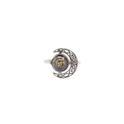 Green Amber Sterling Silver Moon Ring