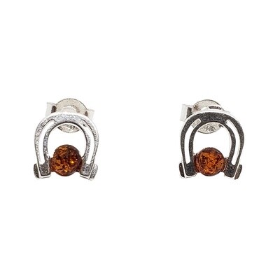 Cognac Amber Horseshoe Sterling Silver Earrings