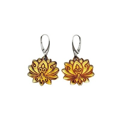 Lotus Cameo Amber Sterling Silver Earrings On Hooks