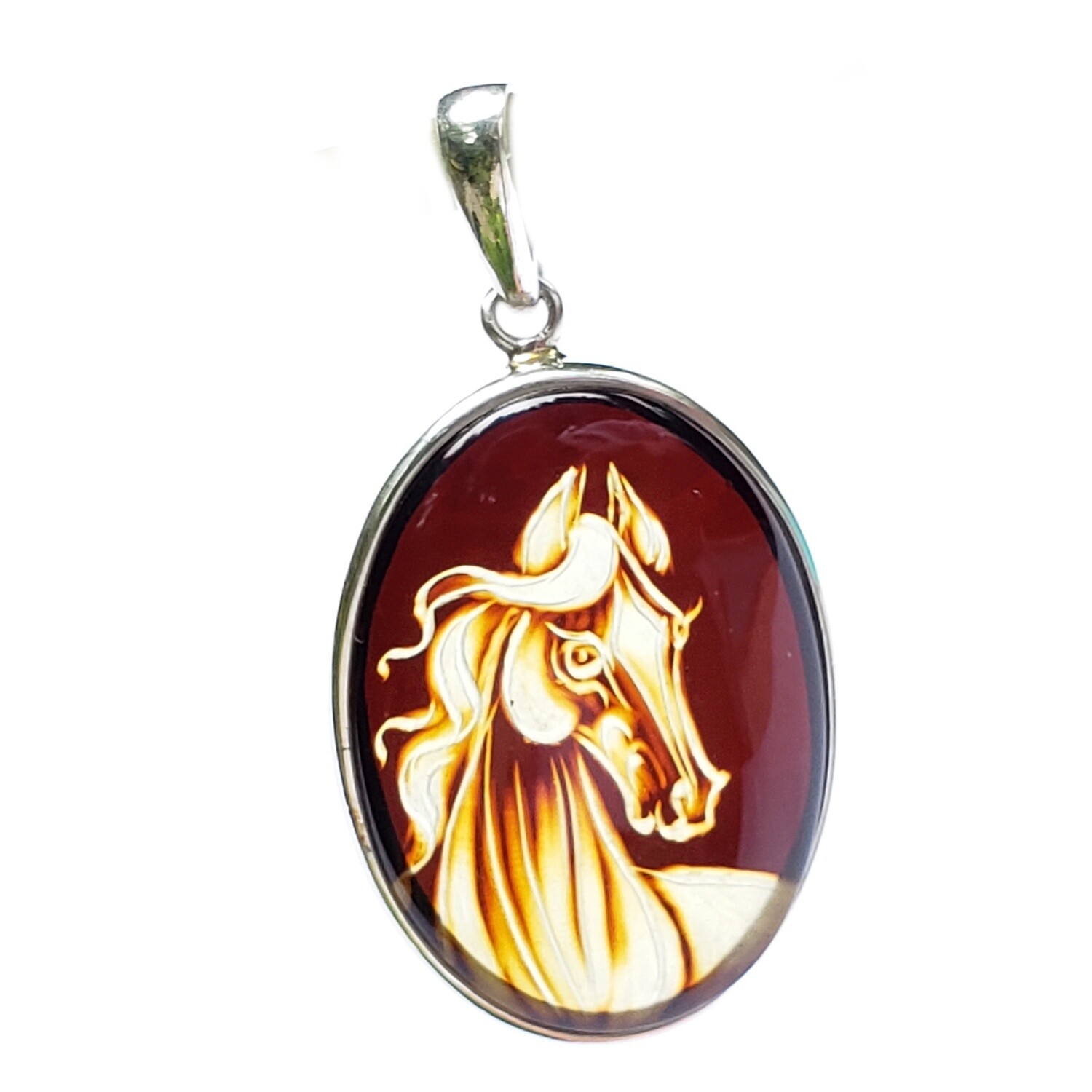 Amber Cameo/Intaglio Horse Sterling Silver Pendant (pendant only)