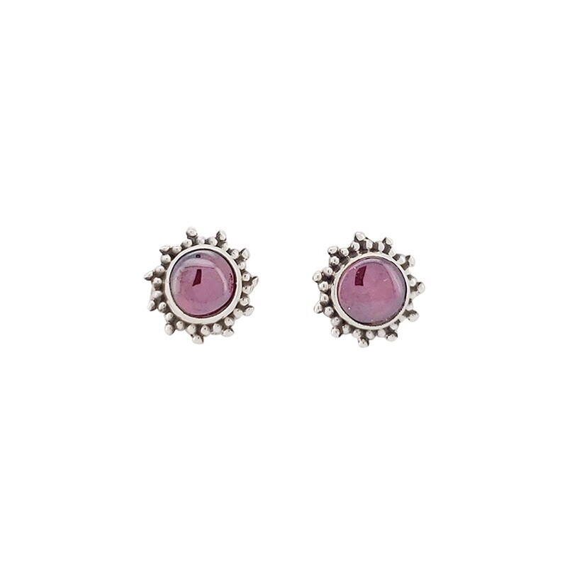 Round Stud Garnet Silver Earrings