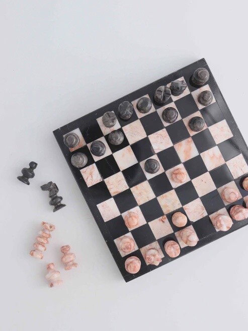 Small Pink and Black Onyx and Marble Chess Set