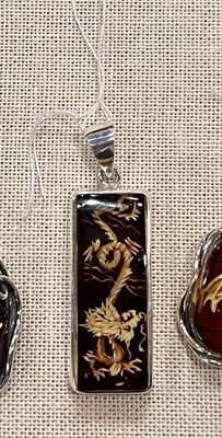 Rectangle Dragon Cameo Amber Sterling Silver Pendant (pendant only)