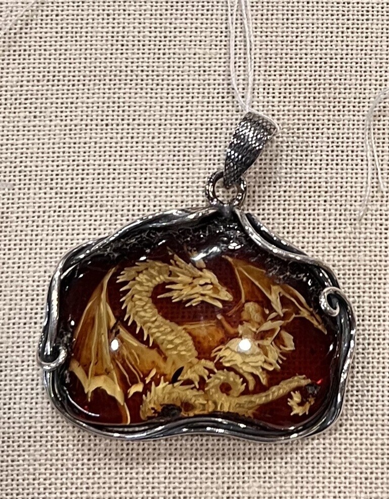 Dragon Cameo Amber Sterling Silver Pendant