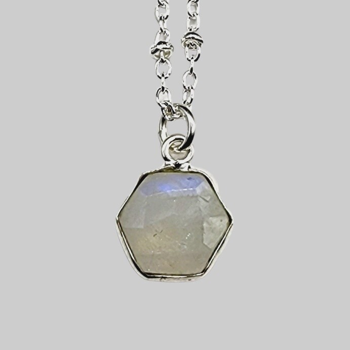 Small Faceted Hexagon Rainbow Moonstone Necklace