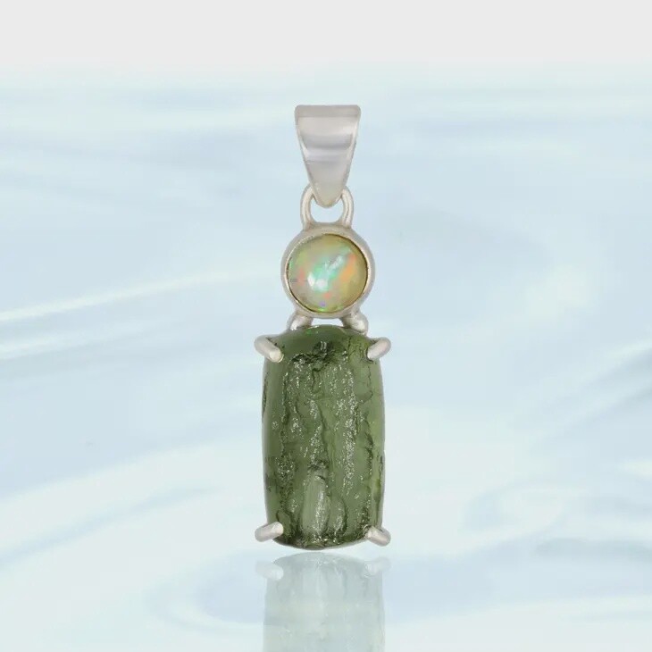 Natural Opal &amp; Genuine Moldavite Pendant (pendant only)