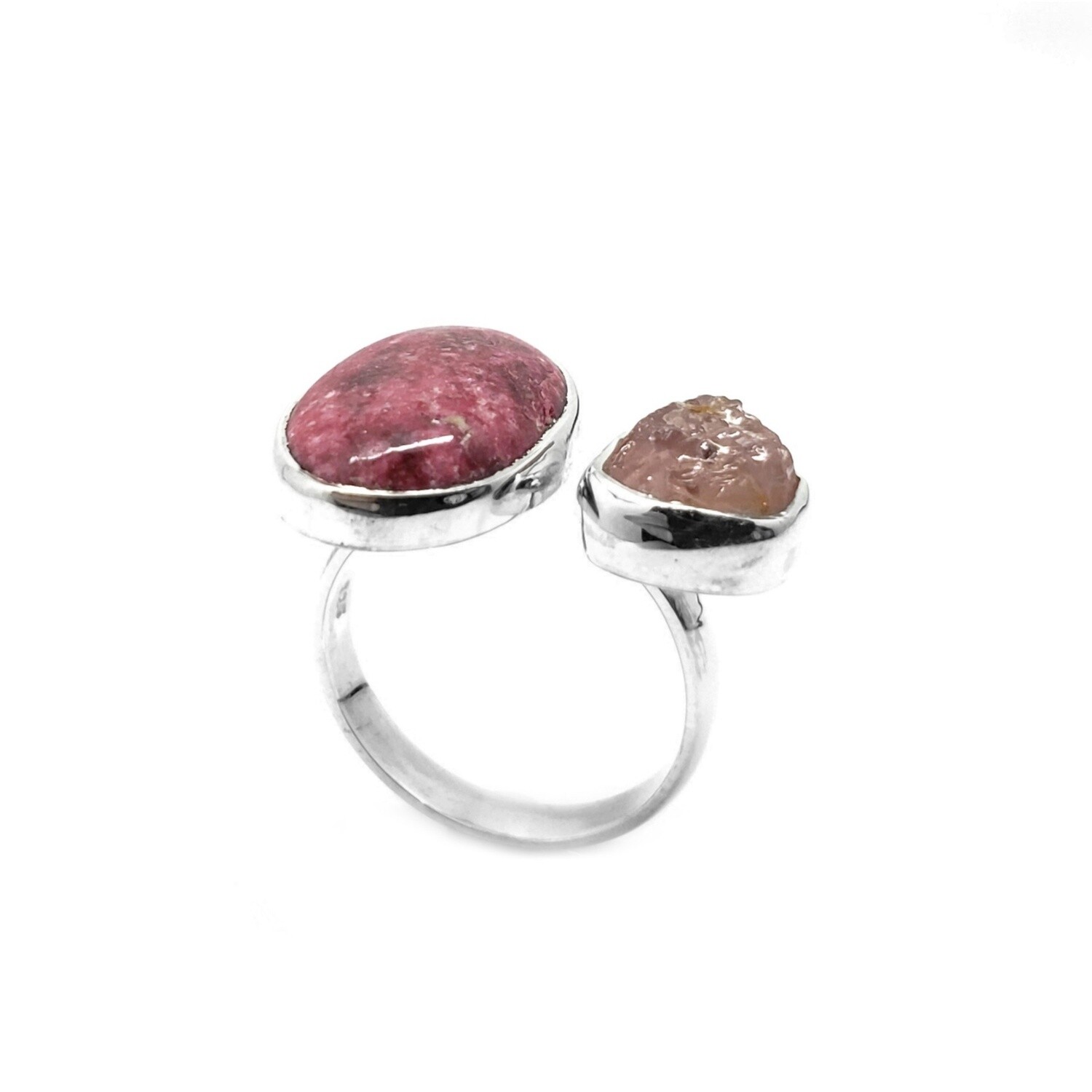 Thulite / Rough Rose Quartz Sterling Adjustable Ring