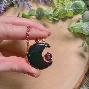 Moss Agate Moon and Star Ruby Electroformed Copper Necklace