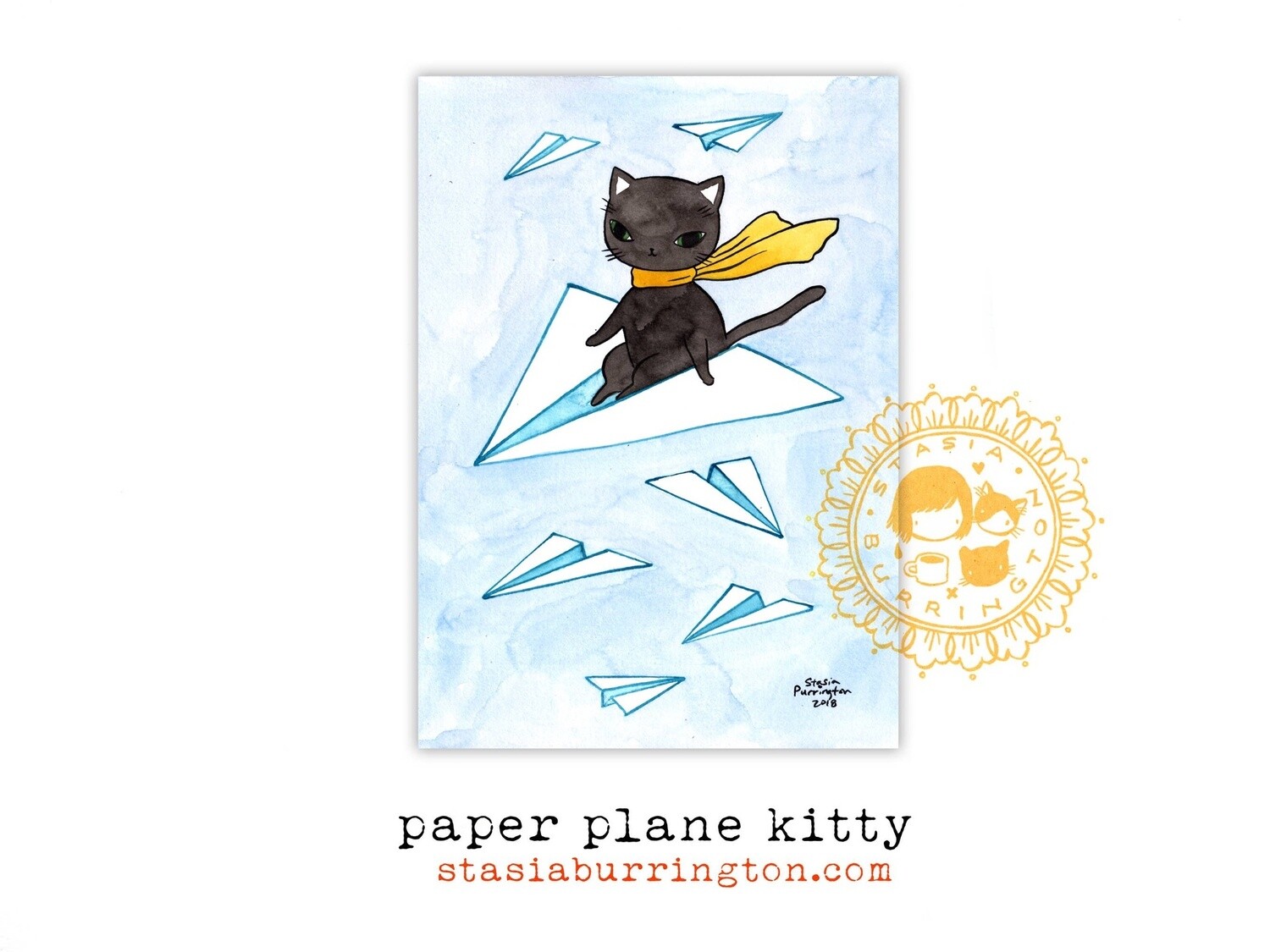 Paper Plane Kitty 5x7 Art Print Postcard