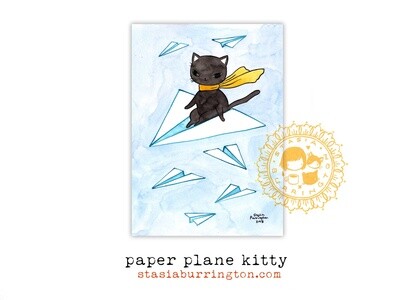 Paper Plane Kitty 5x7 Art Print Postcard