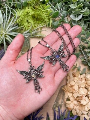 Gothic Angel Cross Labradorite Necklace