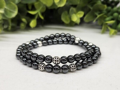 6mm Hematite Bead Stretch XL Double Wrap Bracelet