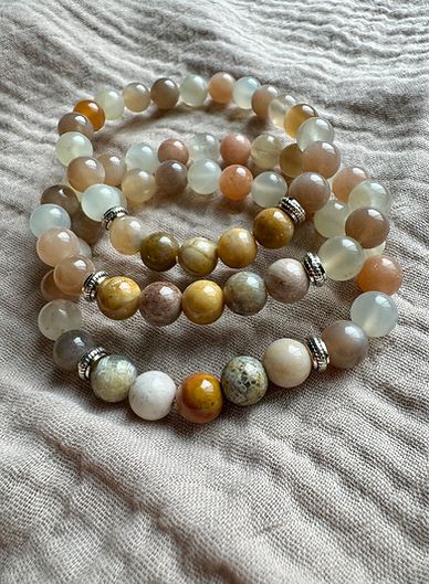 8mm Bead Cancer Zodiac Bracelet Fossil Coral and Indian Moonstone