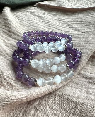 8mm Bead Pisces Zodiac Bracelet Amethyst and Selenite