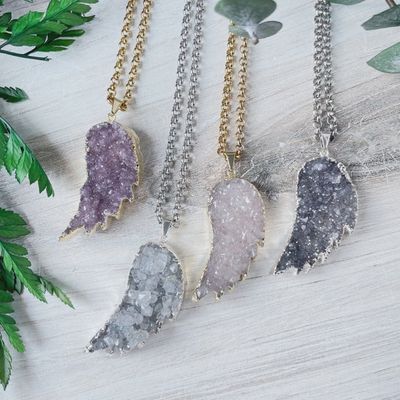 Large Silver Druzy Angel Wing Necklace