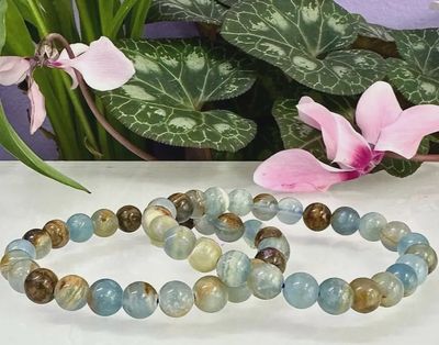 8mm Lemurian Aquatine Calcite / Blue Onyx Bead Stretch Bracelet
