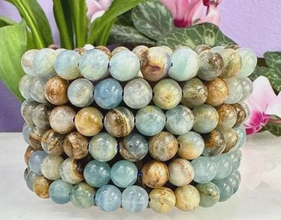 8mm Lemurian Aquatine Calcite / Blue Onyx Bead Stretch Bracelet