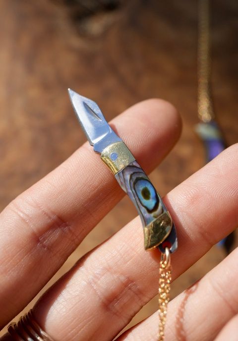 Abalone Shell Pocket Knife / Switch Blade Necklace 16in 14k Gold