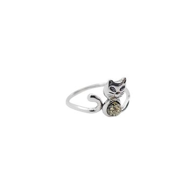 Cat Green Amber Sterling Silver Adjustable Ring