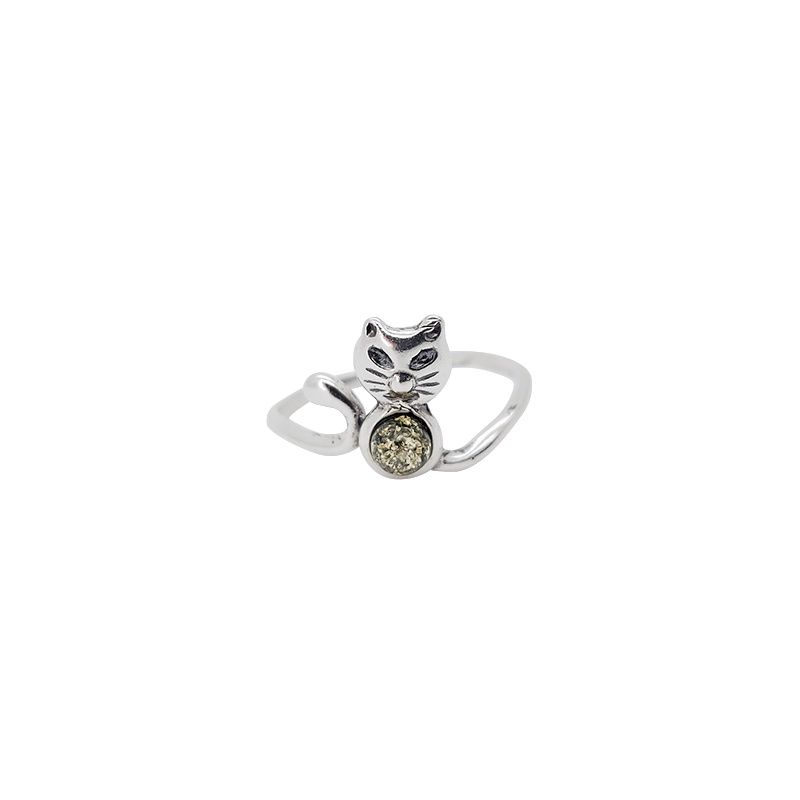 Cat Green Amber Sterling Silver Adjustable Ring