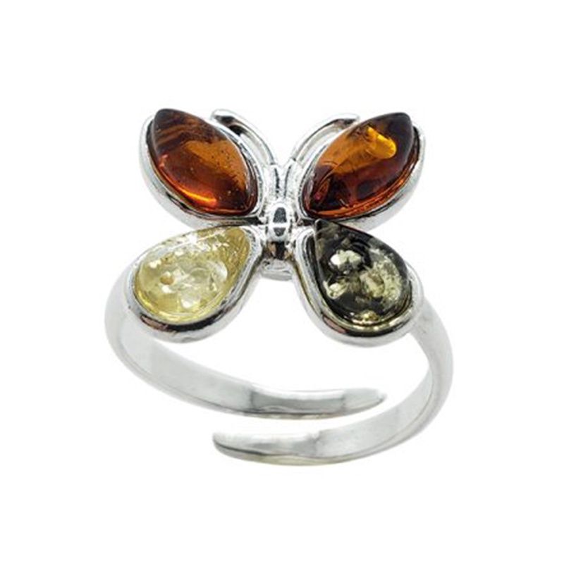 Multi-Color Baltic Amber Sterling Silver Butterfly Adjustable Ring