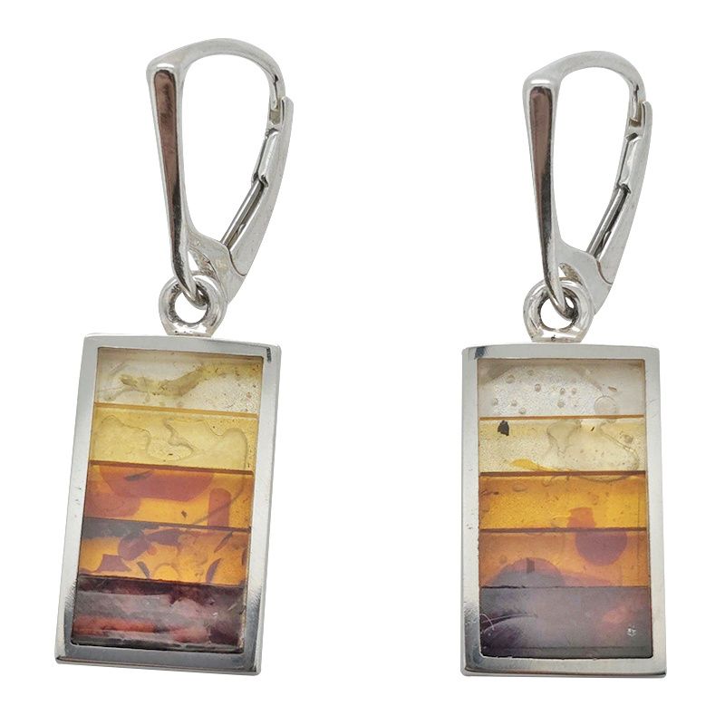 Multi-Color Mosaic Amber Sterling Silver Earrings On Hooks