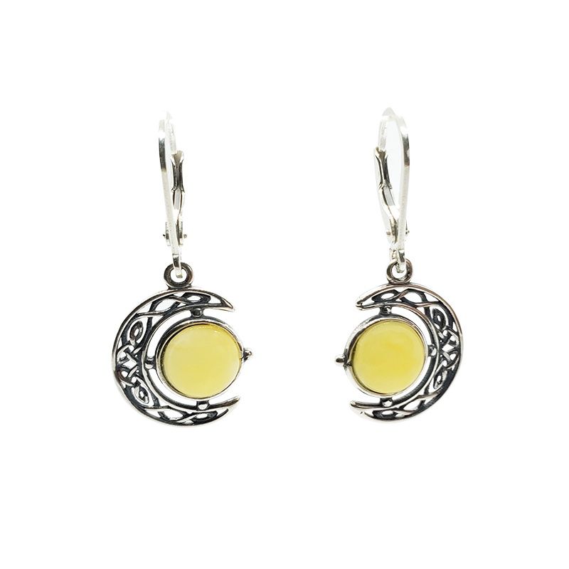 Butterscotch Amber Oxidized Silver Moon Earrings