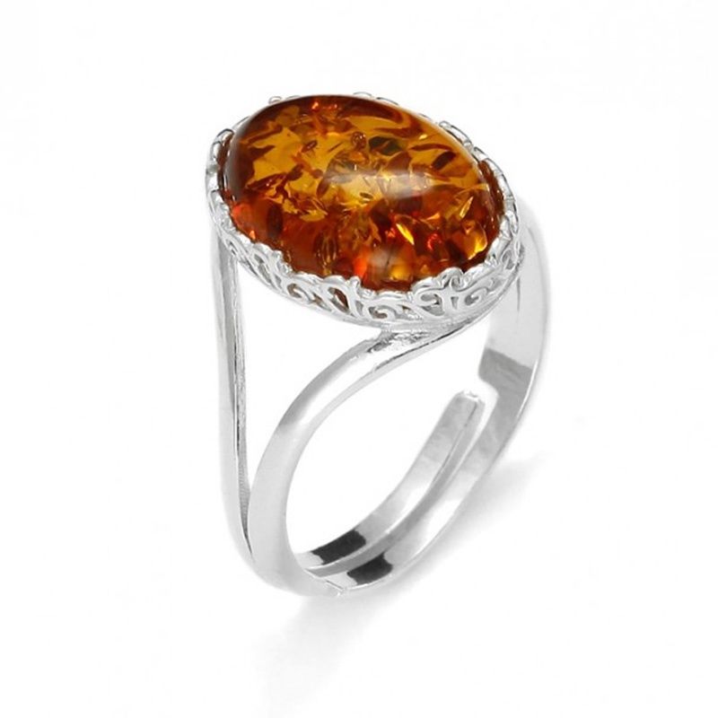 Cognac Amber Large Oval Sterling Silver Ring