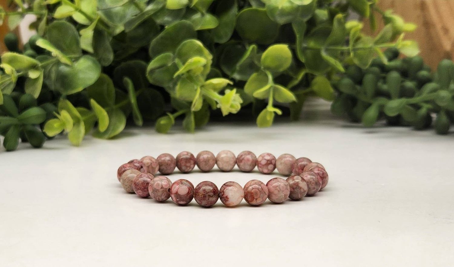 8mm Pink Chrysanthemum Stone Bead Stretch Bracelet