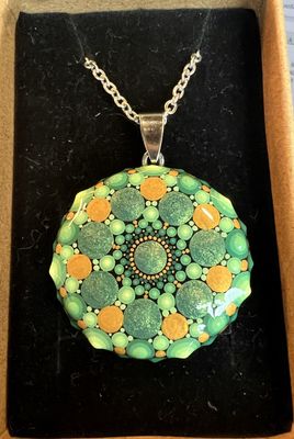 Hand painted Green and Gold Mandala Pendant on Stainless Steel Chain