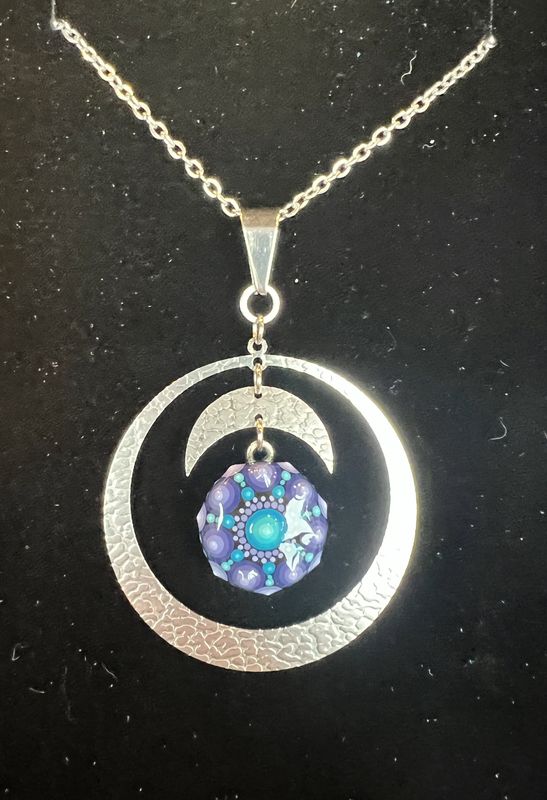 Hand painted Purple and Blue Mandala Halo Pendant Necklace